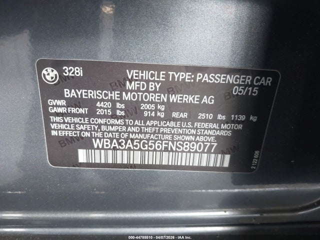 2015 Bmw 328i მანქანა იყიდება აუქციონზე, vin: WBA3A5G56FNS89077, აუქციონის ნომერი: 44785510
