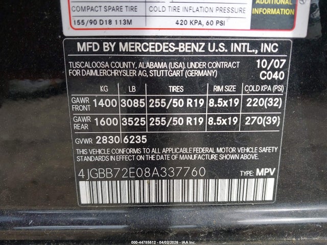 2008 MERCEDES-BENZ ML 550 4JGBB72E08A337760 Photo 8