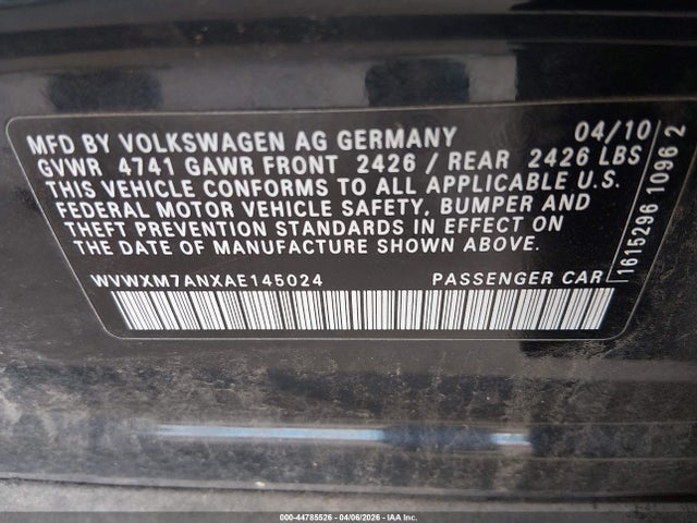 2010 Volkswagen Passat Komfort მანქანა იყიდება აუქციონზე, vin: WVWXM7ANXAE145024, აუქციონის ნომერი: 44785526