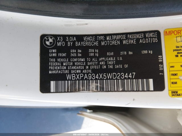 Aukcja sprzedaży 2005 Bmw X3 3.0i, vin: WBXPA934X5WD23447, numer aukcji: 44785547