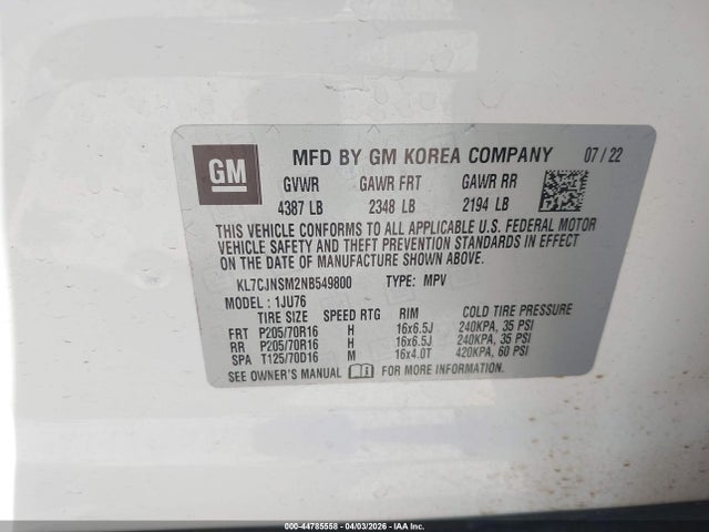 KL7CJNSM2NB549800 Chevrolet Trax Awd Ls