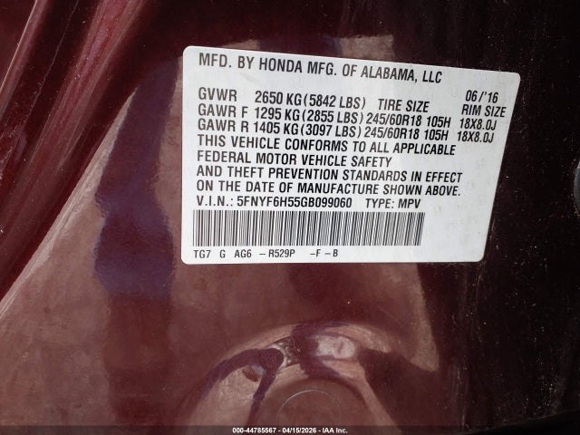 Продажа на аукционе авто 2016 Honda Pilot Ex-l, vin: 5FNYF6H55GB099060, номер лота: 44785567