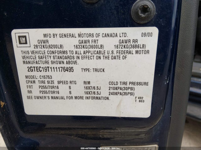 Aukcja sprzedaży 2001 Gmc Sierra 1500 Sle, vin: 2GTEC19T111176495, numer aukcji: 44785568