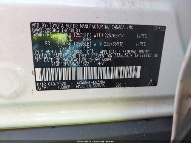 2T3F1RFV6NW281822 Toyota RAV4 LE