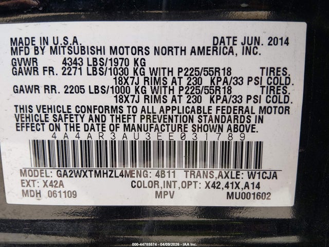 Aukcja sprzedaży 2014 Mitsubishi Outlander Sport Es, vin: 4A4AR3AU3EE031789, numer aukcji: 44785574
