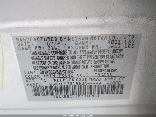 2021 Nissan Sentra Sv Xtronic Cvt მანქანა იყიდება აუქციონზე, vin: 3N1AB8CV5MY310941, აუქციონის ნომერი: 44785585