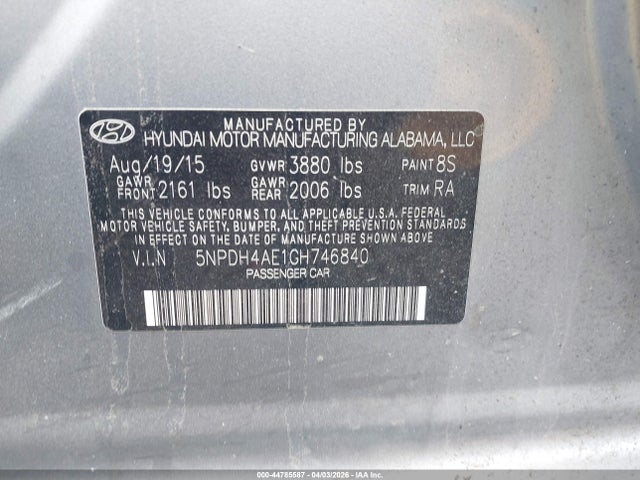 Aukcja sprzedaży 2016 Hyundai Elantra Limited, vin: 5NPDH4AE1GH746840, numer aukcji: 44785587