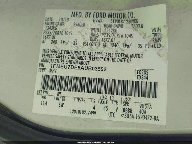 44785604 :رقم المزاد ، 1FMEU7DE6AUB03552 vin ، 2010 Ford Explorer Xlt مزاد بيع