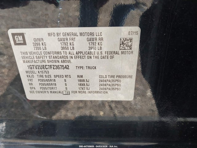 Aukcja sprzedaży 2015 Gmc Sierra 1500 Sle, vin: 1GTV2UEC7FZ367542, numer aukcji: 44785609