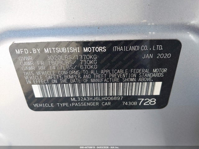 Aukcja sprzedaży 2020 Mitsubishi Mirage Es, vin: ML32A3HJ6LH006897, numer aukcji: 44785619