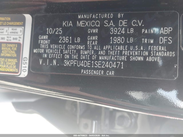 Продаж на аукціоні авто 2025 Kia K4 Ex, vin: 3KPFU4DE1SE240471, номер лоту: 44785623