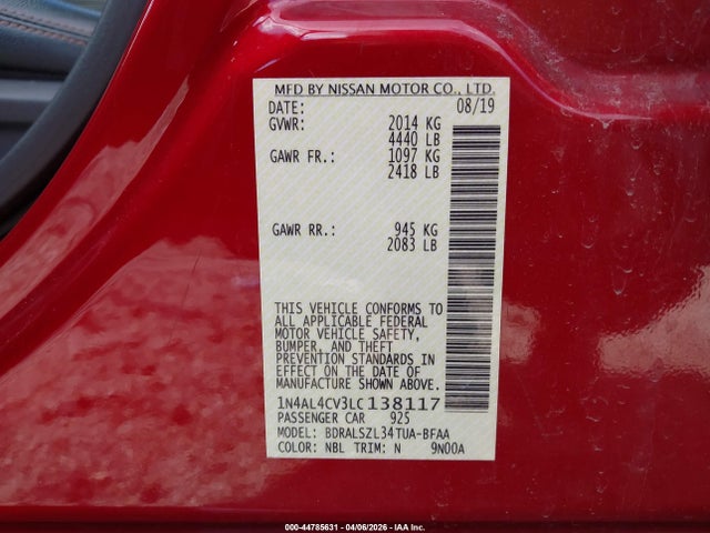 44785631 :رقم المزاد ، 1N4AL4CV3LC138117 vin ، 2020 Nissan Altima Sr Vc-turbo Fwd مزاد بيع