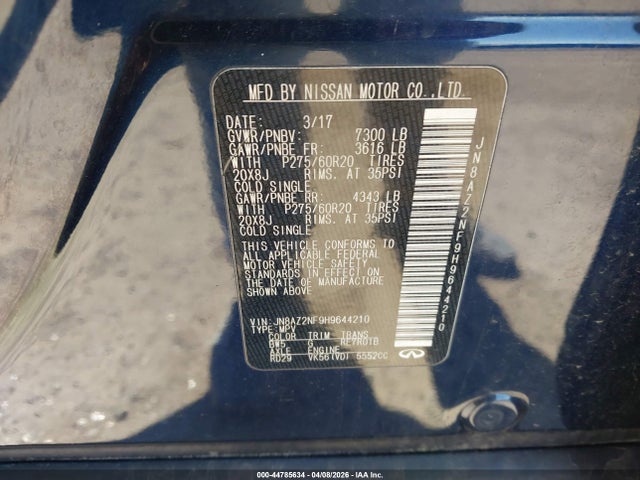 44785634 :رقم المزاد ، JN8AZ2NF9H9644210 vin ، 2017 Infiniti Qx80 مزاد بيع