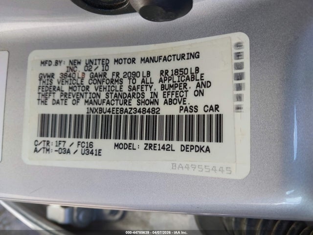 2010 Toyota Corolla Le მანქანა იყიდება აუქციონზე, vin: 1NXBU4EE8AZ348482, აუქციონის ნომერი: 44785639