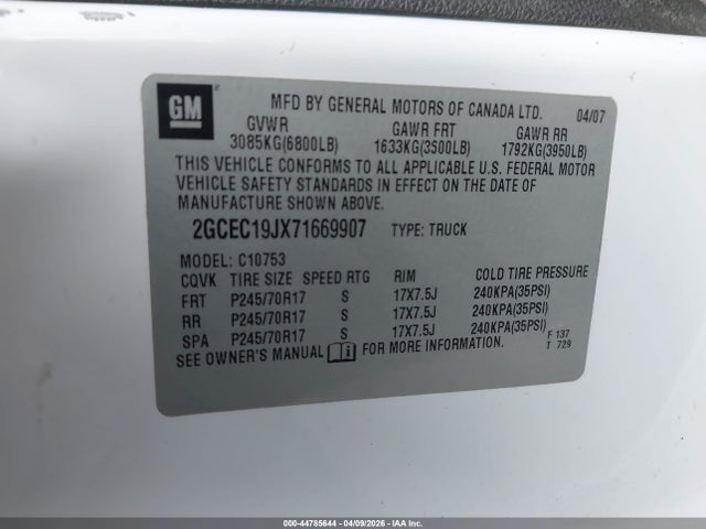 Aukcja sprzedaży 2007 Chevrolet Silverado 1500 Lt1, vin: 2GCEC19JX71669907, numer aukcji: 44785644