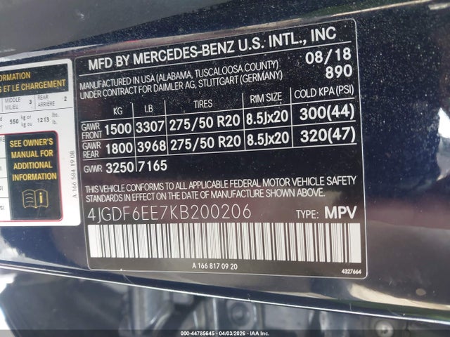 Aukcja sprzedaży 2019 Mercedes-benz Gls 450 4matic, vin: 4JGDF6EE7KB200206, numer aukcji: 44785645