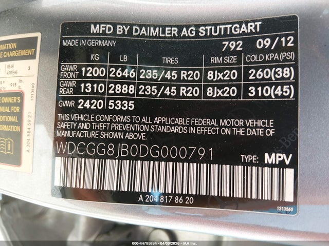 2013 Mercedes-benz Glk 350 4matic მანქანა იყიდება აუქციონზე, vin: WDCGG8JB0DG000791, აუქციონის ნომერი: 44785694