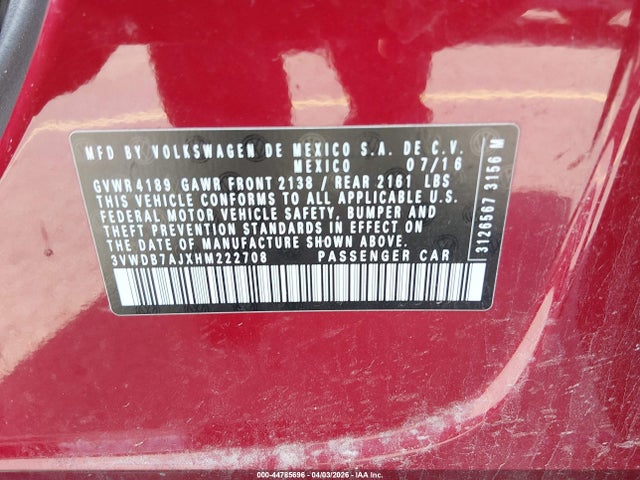 Продаж на аукціоні авто 2017 Volkswagen Jetta 1.4t Se, vin: 3VWDB7AJXHM222708, номер лоту: 44785696