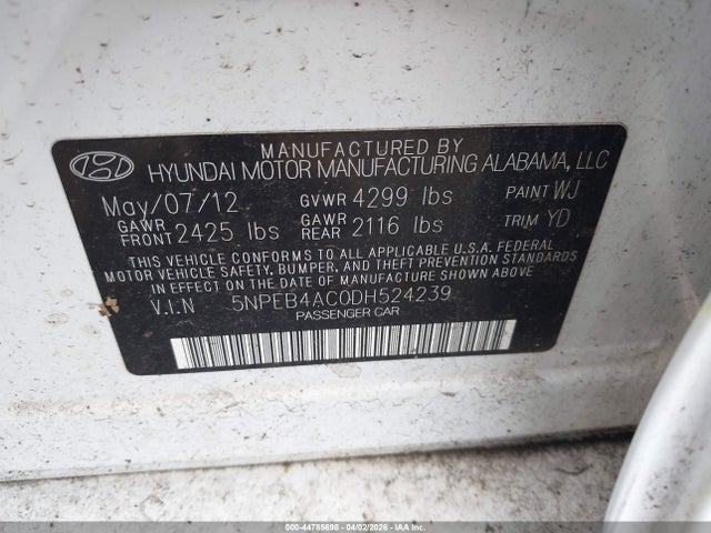 Aukcja sprzedaży 2013 Hyundai Sonata Gls, vin: 5NPEB4AC0DH524239, numer aukcji: 44785698