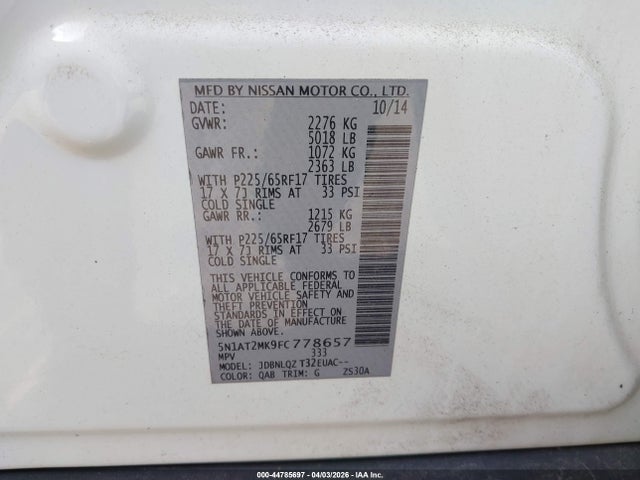 Продажа на аукционе авто 2015 Nissan Rogue Sv, vin: 5N1AT2MK9FC778657, номер лота: 44785697