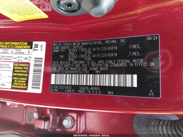 Aukcja sprzedaży 2024 Toyota Highlander Xle, vin: 5TDKDRAHXRS547793, numer aukcji: 44785708