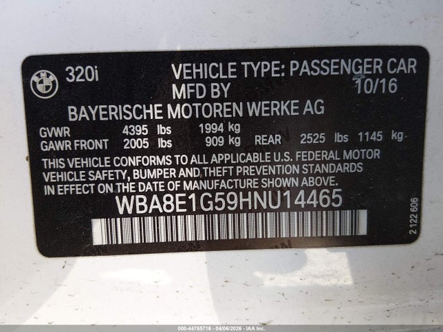 2017 Bmw 320i მანქანა იყიდება აუქციონზე, vin: WBA8E1G59HNU14465, აუქციონის ნომერი: 44785716