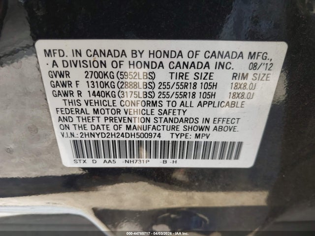 44785717 :رقم المزاد ، 2HNYD2H24DH500974 vin ، 2013 Acura Mdx مزاد بيع