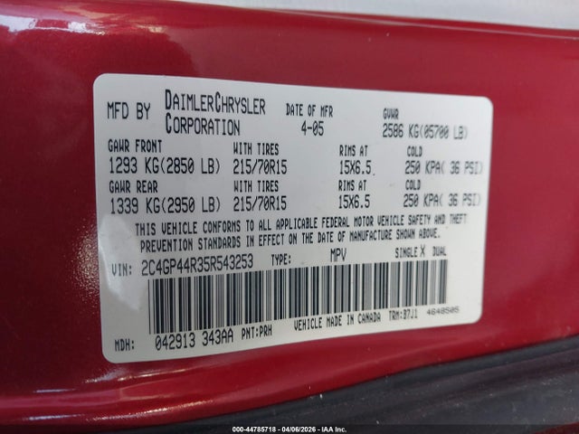 44785718 :رقم المزاد ، 2C4GP44R35R543253 vin ، 2005 Chrysler Town & Country Lx مزاد بيع