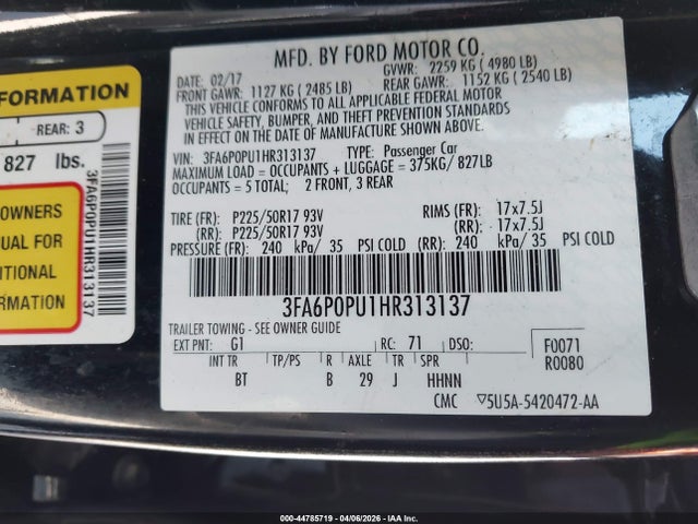 2017 Ford Fusion Energi Se Luxury მანქანა იყიდება აუქციონზე, vin: 3FA6P0PU1HR313137, აუქციონის ნომერი: 44785719