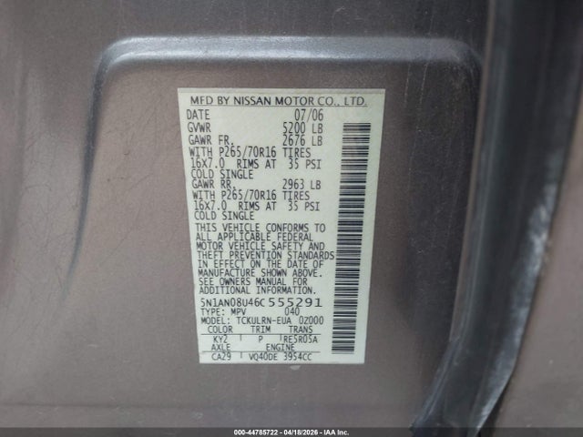 Продажа на аукционе авто 2006 Nissan Xterra S, vin: 5N1AN08U46C555291, номер лота: 44785722