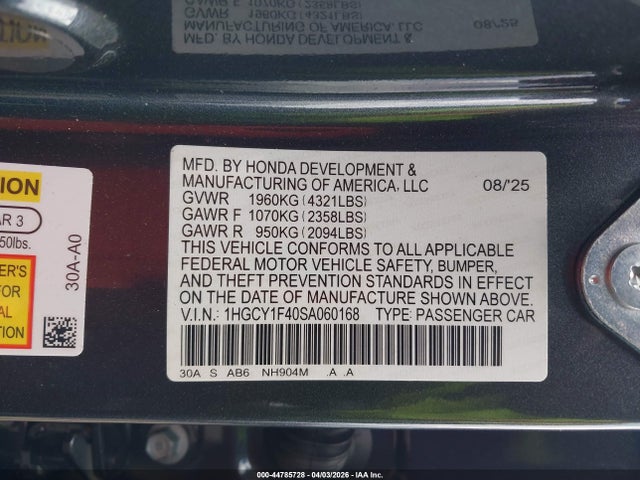 Aukcja sprzedaży 2025 Honda Accord Se, vin: 1HGCY1F40SA060168, numer aukcji: 44785728