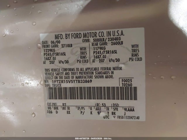 44785729 :رقم المزاد ، 1FTZR15V5YTB33869 vin ، 2000 Ford Ranger Xl/xlt مزاد بيع