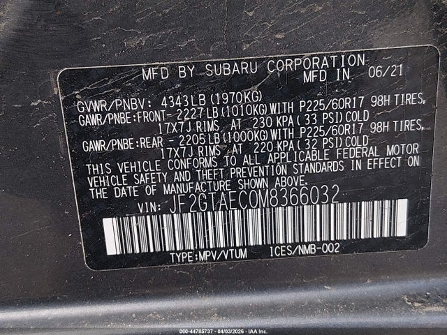 2021 Subaru Crosstrek Premium მანქანა იყიდება აუქციონზე, vin: JF2GTAEC0M8366032, აუქციონის ნომერი: 44785737