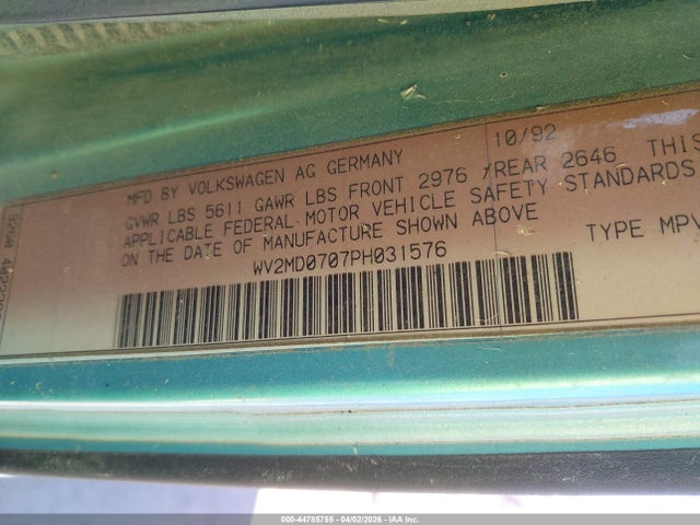 Aukcja sprzedaży 1993 Volkswagen Eurovan Mv, vin: WV2MD0707PH031576, numer aukcji: 44785755