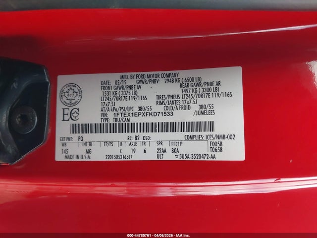 2015 Ford F-150 Xlt მანქანა იყიდება აუქციონზე, vin: 1FTEX1EPXFKD71533, აუქციონის ნომერი: 44785761