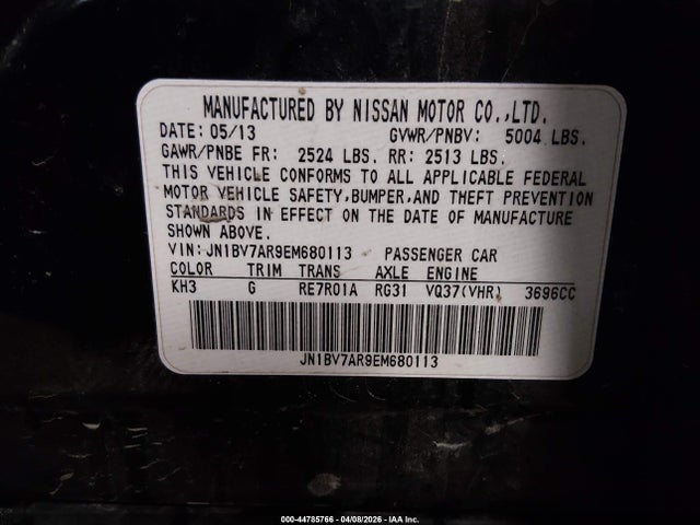 2014 Infiniti Q50 Premium მანქანა იყიდება აუქციონზე, vin: JN1BV7AR9EM680113, აუქციონის ნომერი: 44785766