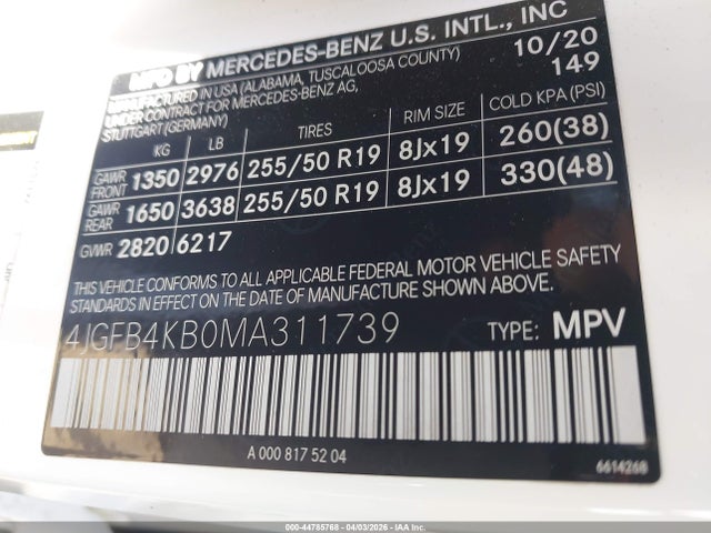 44785768 :رقم المزاد ، 4JGFB4KB0MA311739 vin ، 2021 Mercedes-benz Gle 350 4matic مزاد بيع