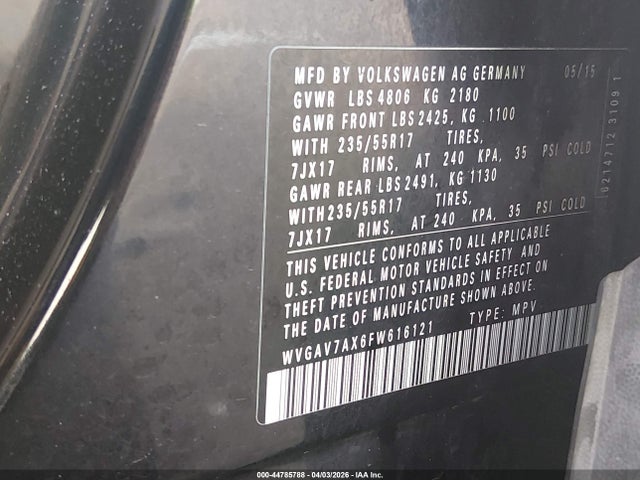 Продажа на аукционе авто 2015 Volkswagen Tiguan Se, vin: WVGAV7AX6FW616121, номер лота: 44785788