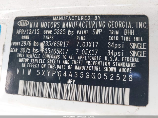 5XYPG4A35GG052528 KIA Sorento 2.4l Lx