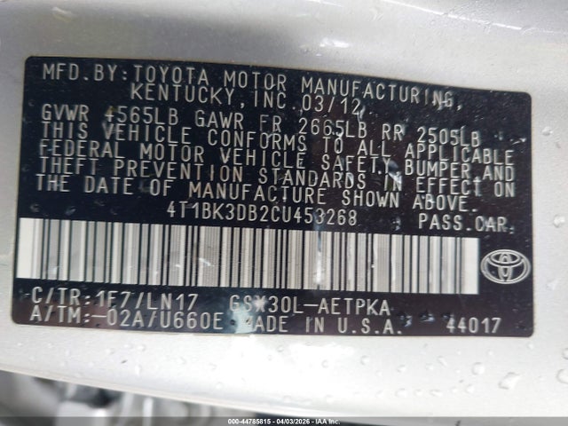 2012 Toyota Avalon Limited მანქანა იყიდება აუქციონზე, vin: 4T1BK3DB2CU453268, აუქციონის ნომერი: 44785815