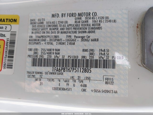44785819 :رقم المزاد ، 1FA6P8TH7P5112805 vin ، 2023 Ford Mustang Ecoboost Fastback مزاد بيع