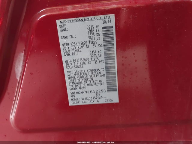 Aukcja sprzedaży 2015 Nissan Pathfinder Platinum, vin: 5N1AR2MN7FC612291, numer aukcji: 44785821