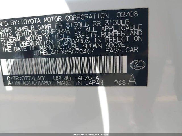 Продаж на аукціоні авто 2008 Lexus Ls 460, vin: JTHBL46FX85072467, номер лоту: 44785822