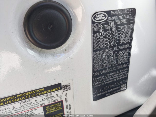 2021 Land Rover Range Rover Velar P250 S მანქანა იყიდება აუქციონზე, vin: SALYJ2EX9MA305734, აუქციონის ნომერი: 44785832