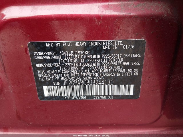 Aukcja sprzedaży 2016 Subaru Crosstrek 2.0i Premium, vin: JF2GPABC8G8244130, numer aukcji: 44785855