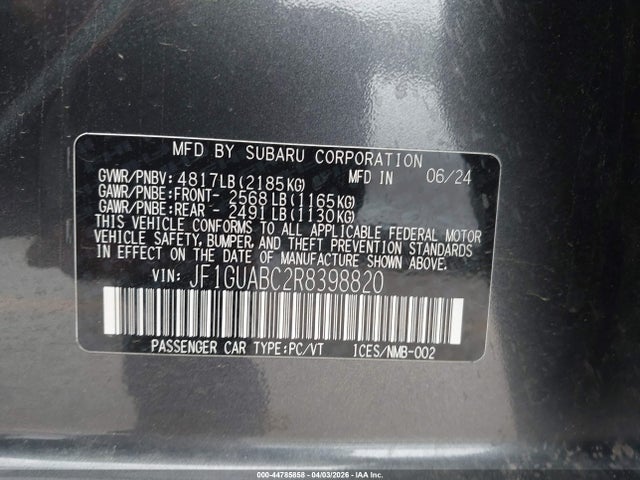 Auction sale of the 2024 Subaru Impreza Base 5-door, vin: JF1GUABC2R8398820, lot number: 44785858