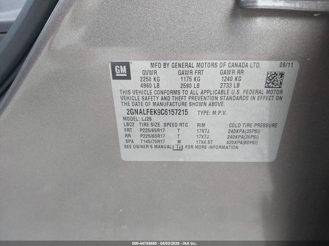 44785860 :رقم المزاد ، 2GNALFEK9C6157215 vin ، 2012 Chevrolet Equinox Ltz مزاد بيع