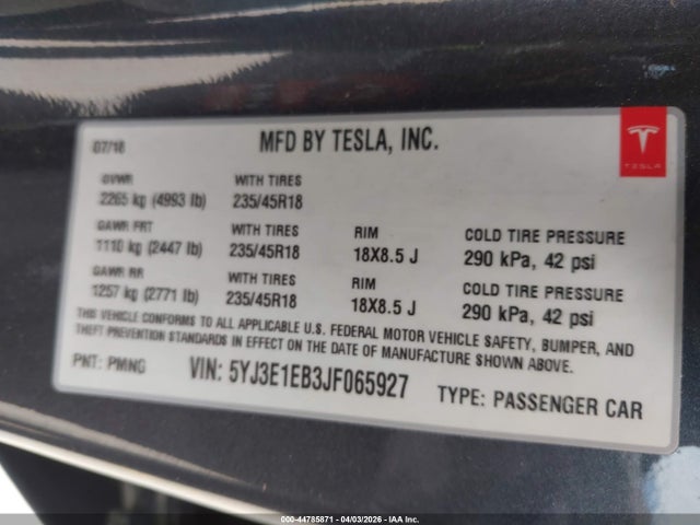 2018 Tesla Model 3 Long Range/performance მანქანა იყიდება აუქციონზე, vin: 5YJ3E1EB3JF065927, აუქციონის ნომერი: 44785871