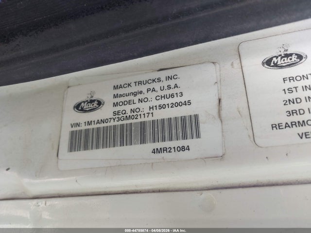Продаж на аукціоні авто 2016 Mack 600 Chu600, vin: 1M1AN07Y3GM021171, номер лоту: 44785874