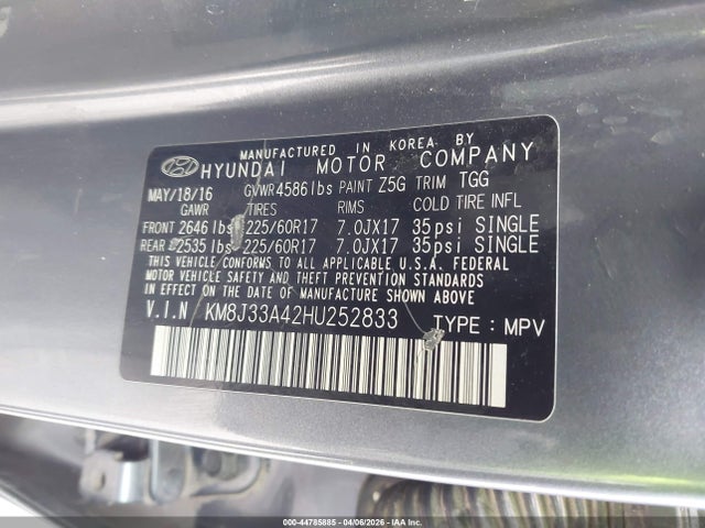 Auction sale of the 2017 Hyundai Tucson Se, vin: KM8J33A42HU252833, lot number: 44785885